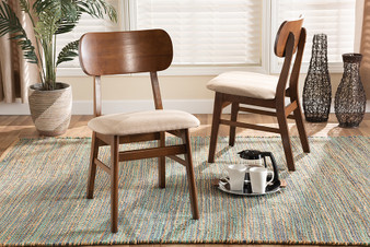 "RH369C-Sand/Walnut Flat Seat-DC-2PK" Baxton Studio Euclid Mid-Century Modern Sand Fabric Upholstered and Walnut Brown Finished Wood 2-Piece Dining Chair Set