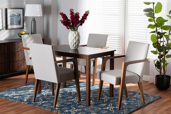 "BBT5267-Greyish Beige/Walnut-5PC Dining Set" Baxton Studio Glenda Mid-Century Modern Greyish Beige Fabric Upholstered and Walnut Brown Finished Wood 5-Piece Dining Set