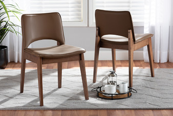"RDC827-Brown/Walnut-DC" Baxton Studio Afton Mid-Century Modern Brown Faux Leather Upholstered and Walnut Brown Finished Wood 2-Piece Dining Chair Set
