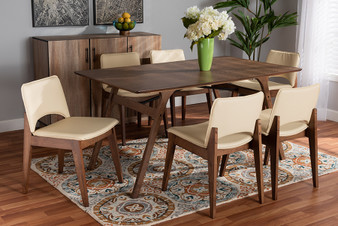 "RDC827-Beige/Walnut-7PC Dining Set" Baxton Studio Afton Mid-Century Modern Beige Faux Leather Upholstered and Walnut Brown Finished Wood 7-Piece Dining Set