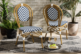 "WA-4094V-White/Blue-DC" Baxton Studio Alaire Classic French Indoor and Outdoor Blue and White Bamboo Style Stackable 2-Piece Bistro Dining Chair Set
