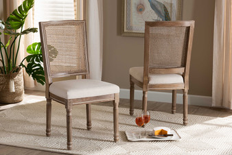 "W-LOUIS-R-06-Antique/Rattan-Chair" Baxton Studio Louane Traditional French Inspired Beige Fabric Upholstered and Antique Brown Finished Wood 2-Piece Dining Chair Set with Rattan