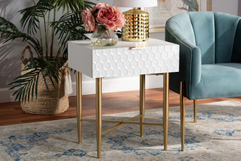 "JY20B123-White/Gold-NS" Baxton Studio Marcin Contemporary Glam and Luxe White Finished Wood and Gold Metal 1-Drawer Nightstand