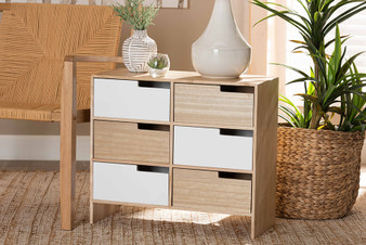 "7648-Oak/White-6DW Dresser" Baxton Studio Eben Modern and Contmeporary Two-Tone White and Oak Brown Finished Wood 6-Drawer Storage Cabinet