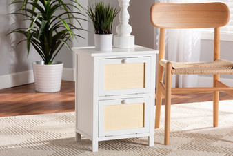 "FMA-0176-Wooden 2 Drawer-NS" Baxton Studio Sariah Mid-Century Modern White Finished Wood and Rattan 2-Door Nightstand