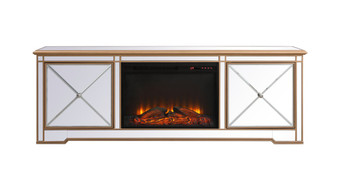 Modern 72 In. Mirrored Tv Stand With Wood Fireplace In Antique Gold "MF60172G-F1"