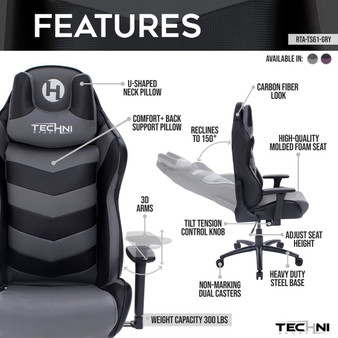 "RTA-TS61-GRY-BK" Techni Sport Ts-61 Ergonomic High Back Racer Style Video Gaming Chair, Grey/Black