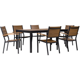 Asher 7-Piece Dining Set: 6 Faux Wood Aluminum Chairs and 71"x40" Slat Table "ASHER7PCDN-GRY"