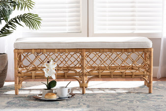 "Orchard-Rattan-Bench" Baxton Studio Orchard Modern Bohemian White Fabric Upholstered And Natural Brown Rattan Bench