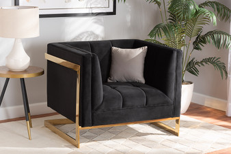 "TSF-5507-Black/Gold-CC" Baxton Studio Ambra Glam And Luxe Black Velvet Fabric Upholstered And Button Tufted Armchair With Gold-Tone Frame