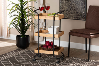 "NL2020822-Kitchen Cart" Baxton Studio Baxter Modern And Contemporary Oak Brown Finished Wood And Black Metal 3-Tier Mobile Kitchen Cart