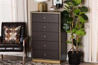 "LV28COD28231-Modi Wenge-5DW-Chest" Baxton Studio Cormac Mid-Century Modern Transitional Dark Brown Finished Wood And Gold Metal 5-Drawer Storage Chest