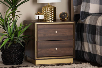 "LV28ST28240-Walnut-NS" Baxton Studio Cormac Mid-Century Modern Transitional Walnut Brown Finished Wood And Gold Metal 2-Drawer Nightstand