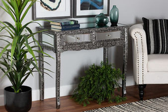 "JY20B141-Silver-Console" Baxton Studio Wycliff Industrial Glam And Luxe Silver Finished Metal And Mirrored Glass 2-Drawer Console Table