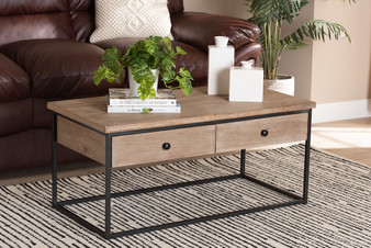 "LCF20257A-Wood/Table-CT" Baxton Studio Roderick Modern And Contemporary Weathered Oak Finished Wood And Black Metal 2-Drawer Coffee Table