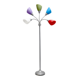 Simple Designs 5 Light Adjustable Gooseneck Silver Floor Lamp With Primary Multicolored Shades "LF2006-SDM"