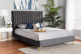 "BBT61079.11-Grey Velvet/Gold-Queen" Baxton Studio Serrano Contemporary Glam and Luxe Grey Velvet Fabric Upholstered and Gold Metal Queen Size Platform Bed