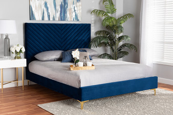 "BBT61079-Navy Blue Velvet/Gold-King" Baxton Studio Fabrico Contemporary Glam and Luxe Navy Blue Velvet Fabric Upholstered and Gold Metal King Size Platform Bed