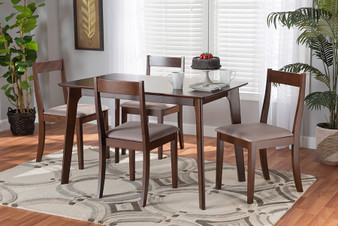 "Cassandra-Grey/Cappuccino-5PC Dining Set" Baxton Studio Carola Mid-Century Modern Warm Grey Fabric and Dark Brown Finished Wood 5-Piece Dining Chair Set