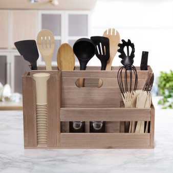 Elegant Designs Pantry Picks Farmhouse Wooden Flatware And Utensils Caddy Condiment Organizer With Cutout Handle - Natural Wood "HG2033-NWD"