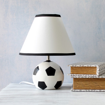 Simple Designs Sportslite 11.5" Tall Athletic Sports Soccer Ball Base Ceramic Bedside Table Desk Lamp With White Empire Fabric Shade With Black Trim "LT1079-SCR"