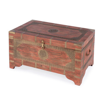 "3365216" Company Nador 32 In. W Rectangular Hand-Painted Brass Inlay Storage Trunk Coffee Table, Pink