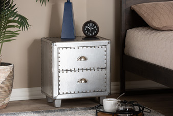 "JY17B170-Silver-ET" Baxton Studio Davet French Industrial Silver Metal 2-Drawer End Table