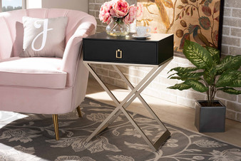 "JY1956-ET" Baxton Studio Patricia Modern And Contemporary Black Finished Wood And Powder Coated Brass Effect Metal 1-Drawer End Table