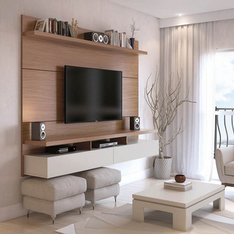 City 62.99 Modern Floating Entertainment Center With Media Shelves In Maple Cream And Off White "28853"
