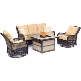 Orleans 4 Piece Fire Pit Set (2 Swivel Gliders, Sofa, Square Kd Fire Pit With Tile) "ORL4PCSQFP-TAN"