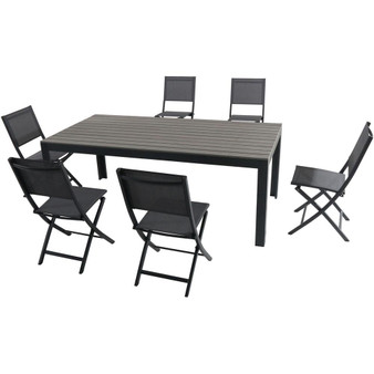 Hanover Tucson 7 Piece Dining Set: 6 Aluminum Sling Folding Chairs, Faux Wood Dining Table "TUCSDN7PCFD-GRY"