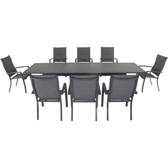 Hanover Naples 9 Piece Dining Set: 8 High Back Padded Sling Chairs, Aluminum Extension Table "NAPDN9PCHB-GRY"