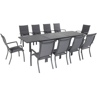 Hanover Naples 11 Piece Dining Set: 10 High Back Padded Sling Chairs, Aluminum Extension Table "NAPDN11PCHB-GRY"