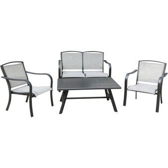 Hanover Foxhill 4 Piece Outdoor Seating Set: 2 Sling Chairs, Sling Loveseat, And Slat Coffee Table "FOXHILL4PC-GRY"