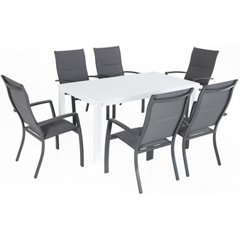 Hanover Del Mar 7 Piece Dining Set: 6 High Back Padded Sling Chairs, 63X35" Aluminum Slat Table "DELDNS7PCHB-WG"