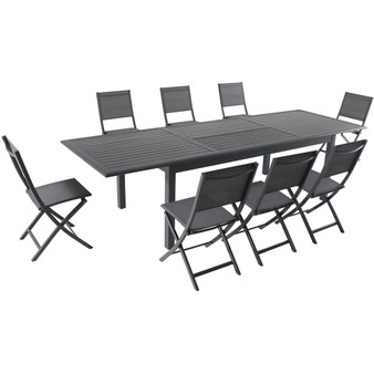 Hanover Dawson 9 Piece Dining Set: 8 Aluminum Sling Folding Chairs, 78-118" Alum Extension Table "DAWDN9PCFD-GRY"