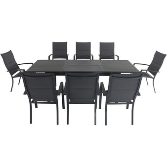 Hanover Cameron 9 Piece Dining Set: 8 High Back Padded Sling Chairs, 63-94" Alum Extension Table "CAMDN9PCHB-GRY"