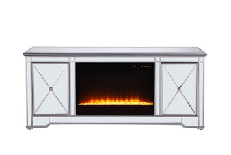 60 In. Mirrored Tv Stand With Crystal Fireplace Insert In Antique Silver "MF601S-F2"