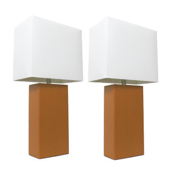 2 Pack Modern Leather Table Lamps W/White Shades, Tan - "LC2000-TAN-2PK"