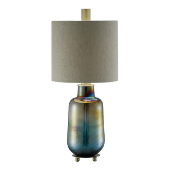 Ava Table Lamp Ava Table Lamp 32.5"Ht.,Glass&Metal Teal Iridescent Glass&Antique Brass Finish 14 X 14 X 13 Cream Linen Shade "CVABS1440"