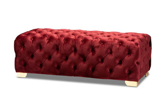 Avara Glam And Luxe Burgundy Velvet Fabric Upholstered Gold Finished Button Tufted Bench Ottoman TSFOT028-Burgundy/Gold-Otto By Baxton Studio