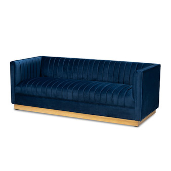 Aveline Glam And Luxe Navy Blue Velvet Fabric Upholstered Brushed Gold Finished Sofa TSF-BAX66113-Navy/Gold-SF By Baxton Studio