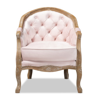Genevieve Traditional French Provincial Light Pink Velvet Upholstered White-Washed Oak Wood Armchair TSF7766-Light Pink-CC By Baxton Studio