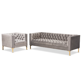 Zanetta Glam And Luxe Gray Velvet Upholstered Gold Finished 2-Piece Sofa And Lounge Chair Set TSF-7723-Grey/Gold-2PC Set By Baxton Studio