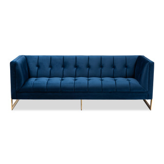 Ambra Glam And Luxe Royal Blue Velvet Fabric Upholstered And Button Tufted Gold Sofa With Gold-Tone Frame TSF-5507-Navy/Gold-SF By Baxton Studio