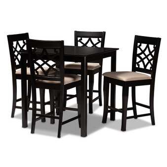 Nisa Modern And Contemporary Sand Fabric Upholstered Espresso Brown Finished 5-Piece Wood Pub Set RH321P-Sand/Dark Brown-5PC Pub Set By Baxton Studio