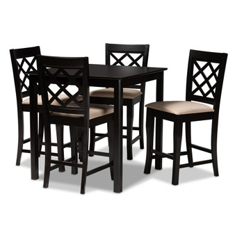 Alora Modern And Contemporary Sand Fabric Upholstered Espresso Brown Finished 5-Piece Wood Pub Set RH320P-Sand/Dark Brown-5PC Pub Set By Baxton Studio