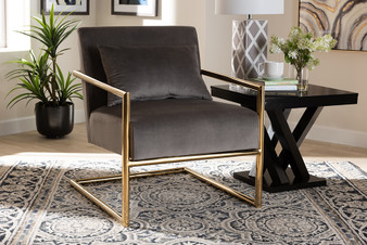 Mira Glam and Luxe Grey Velvet Fabric Upholstered Gold Finished Metal Lounge Chair TSF-60458-Grey Velvet/Gold-CC By Baxton Studio