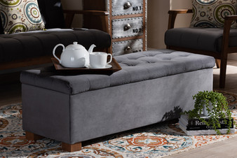 Roanoke Modern and Contemporary Grey Velvet Fabric Upholstered Grid-Tufted Storage Ottoman Bench BBT3101-Grey Velvet/Walnut-Otto By Baxton Studio