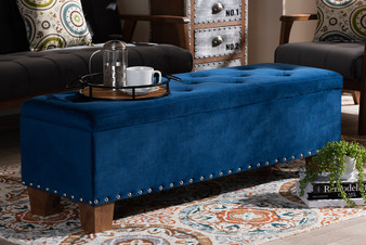 Hannah Modern and Contemporary Navy Blue Velvet Fabric Upholstered Button-Tufted Storage Ottoman Bench BBT3136-Navy Velvet/Walnut-Otto By Baxton Studio